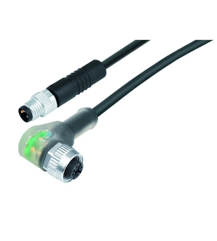 Male cable connector M8x1 - Female angled connector with LED PNP NOC M12x1