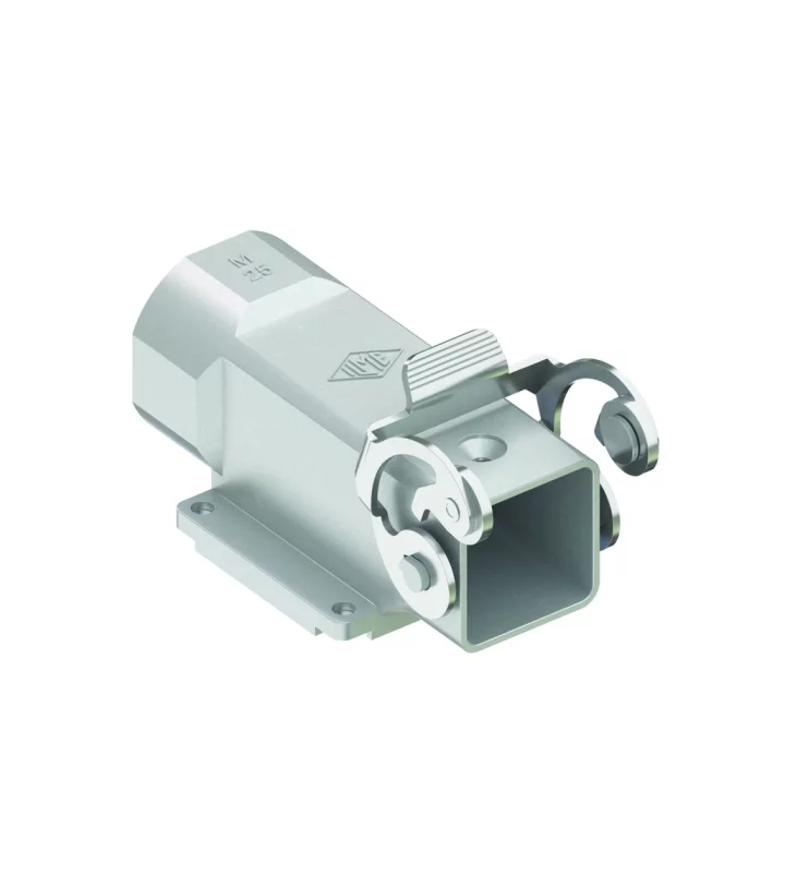 bulkhead mounting housing, angled, size 21.21, EMC zinc, 1 lever stainless steel, 1xM25 side, closed bottom