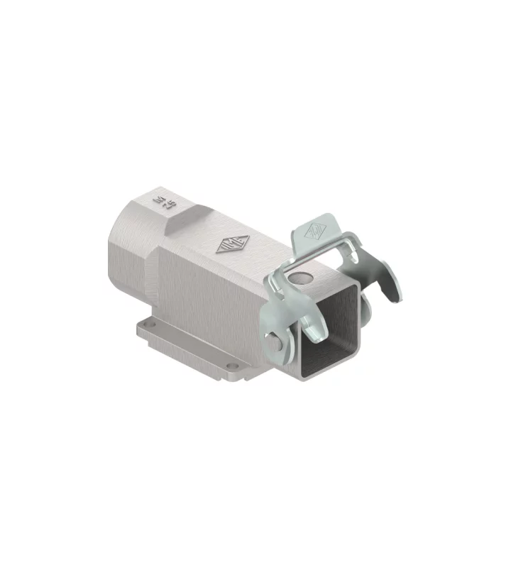 bulkhead mounting housing, angled, size 21.21, EMC zinc, 1 rigid lever, 1xM25 side, closed bottom
