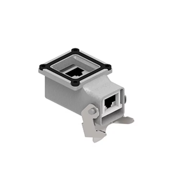 bulkhead mounting connector, angled, size 21.21, zinc, 1 rigid lever stainless steel, 8p, RJ45