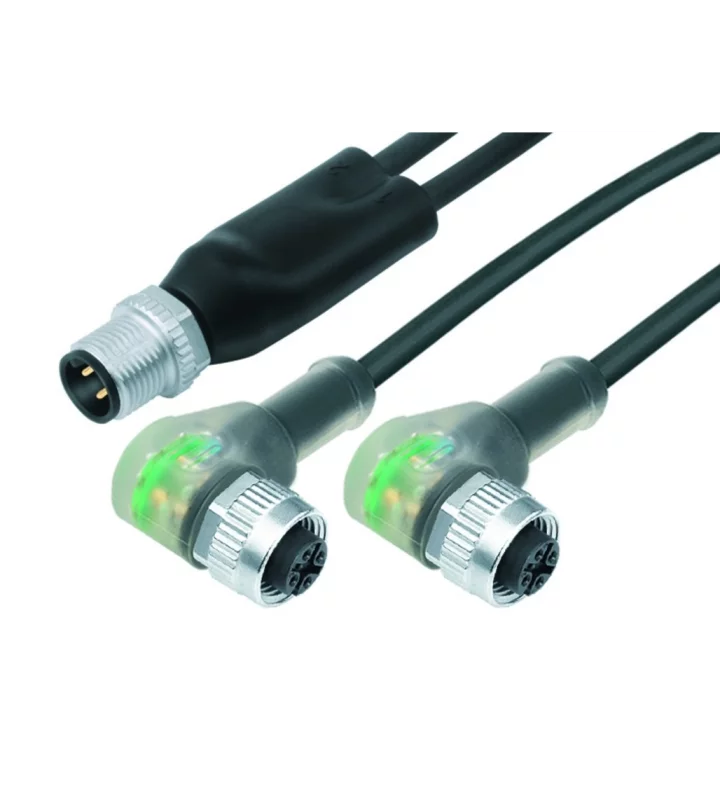 Duo male connector M12x1 - 2 female angled connectors with LED PNP NOC M12x1