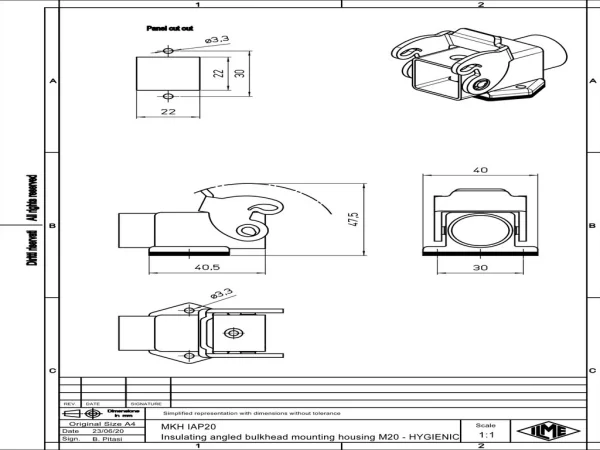 bulkhead mounting housing, angled, size 21.21, CKH plastic, 1 lever, 1xM20 side, sealing kit