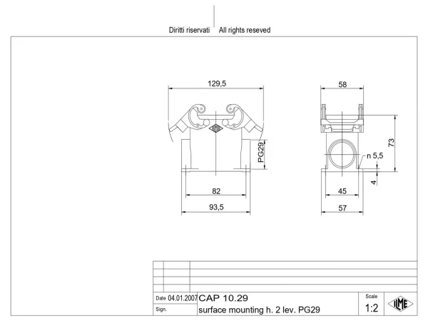 surface mounting housing, high, size 57.27, C-TYPE alu, 2 levers, 1xPG29 side