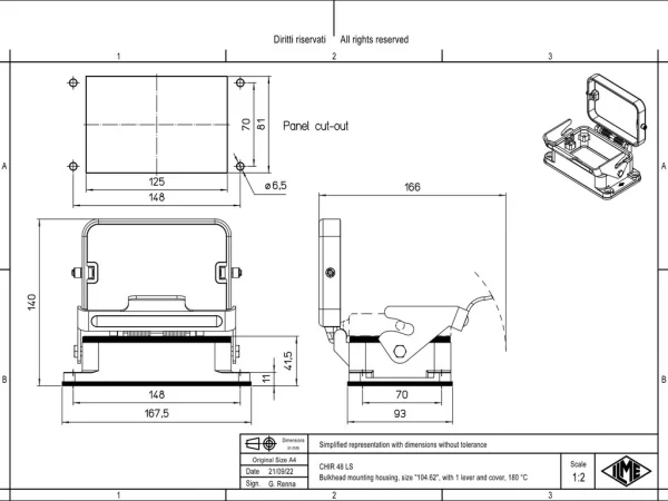 bulkhead mounting housing, size 104.62, 180°C alu, 1 lever, cover metal