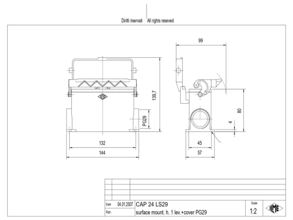 surface mounting housing, high, size 104.27, C-TYPE alu, 1 lever, 1xPG29 side, cov.