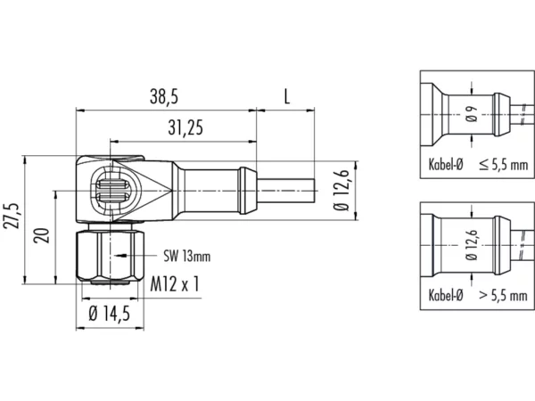 Female angled connector, moulded