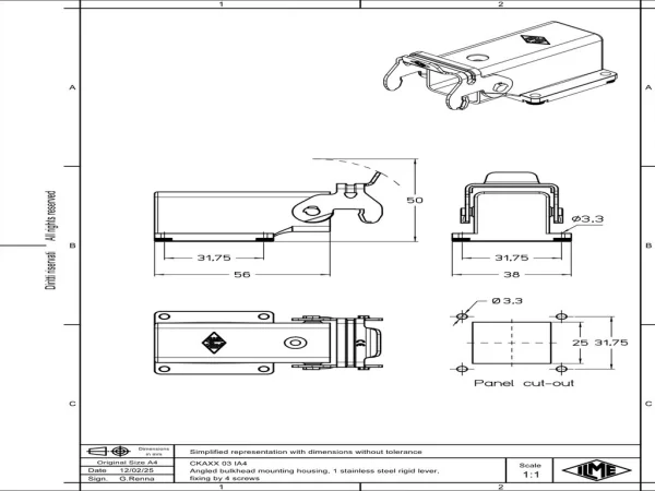 bulkhead mounting housing, angled, size 21.21, CKA zinc, 1 rigid lever stainless steel, large cable gland