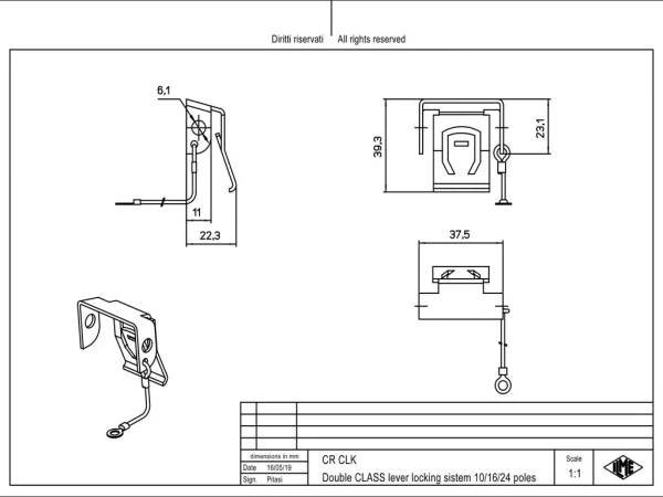 locking device, for bulkhead and surface mounting housings low with 2 levers, with eyelet
