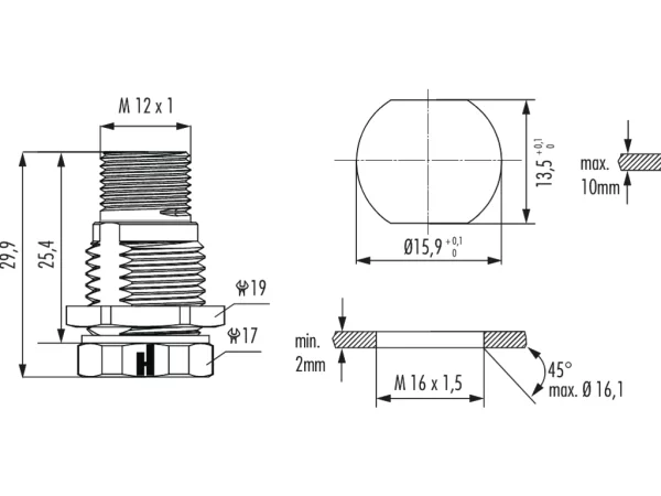 Panel connector male thread, single hole rear mounted