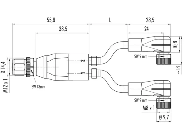 Duo male connector M12x1 - 2 female angled connectors with LED PNP NOC M8x1