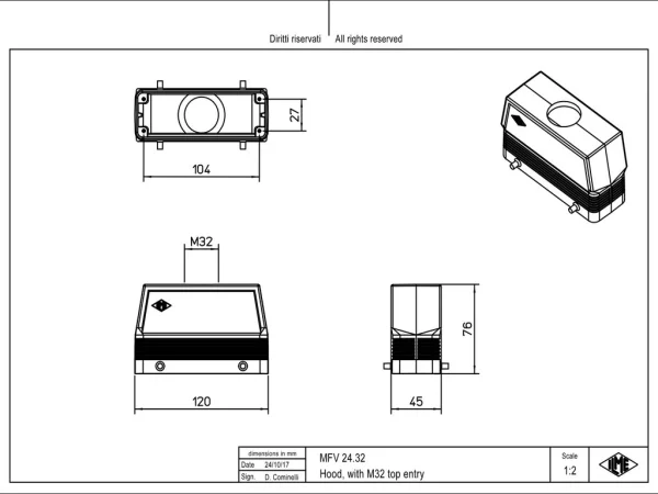 hood, high, size 104.27, C-TYPE alu, 4 pegs, 1xM32 top, no adaptor