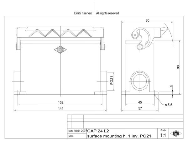 surface mounting housing, high, size 104.27, C-TYPE alu, 1 lever, 2xPG21 side