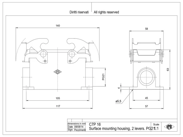 surface mounting housing, size 77.27, V-TYPE alu, 2 levers, 1xPG21 side