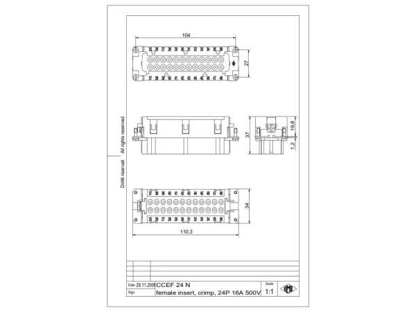 female insert, 24p+PE, crimp, 16A, 500V, for size 104.62 no.25-48