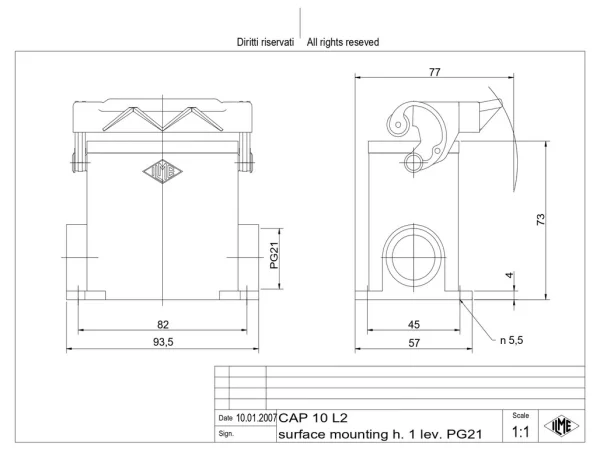 surface mounting housing, high, size 57.27, C-TYPE alu, 1 lever, 2xPG21 side