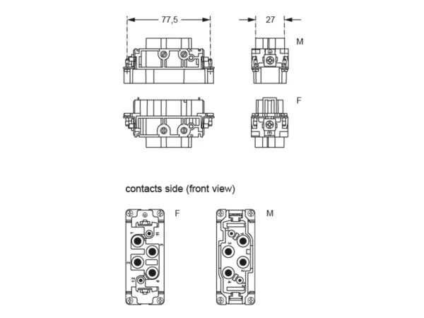 female insert, size 77.27, 4+2p+PE, screw, 80+16A, 830+400V, 180°