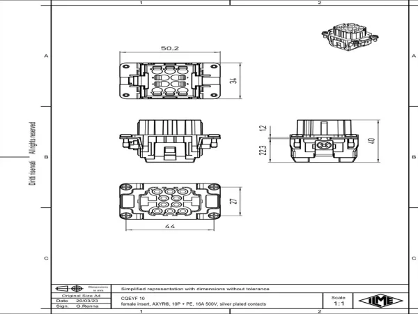 female insert, 44.27, 10+PE, AXYR® push-in connection, 16A, 500V
