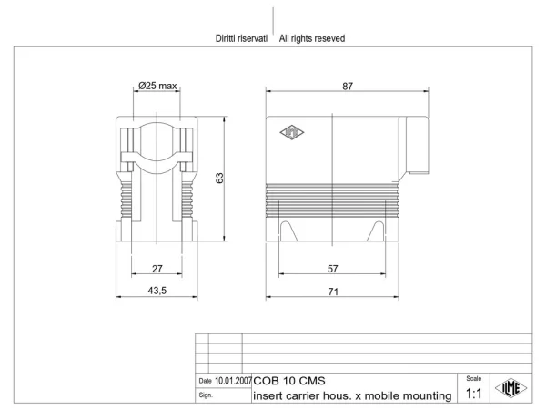 Insulating housing, size 57.27, COB plastic, 4 pegs, side cable entry with cable clamp, with strain relief