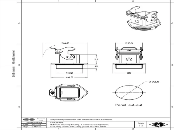 bulkhead mounting housing, size 21.21, W-TYPE zinc, 1 rigid lever stainless steel, 1xM32 external