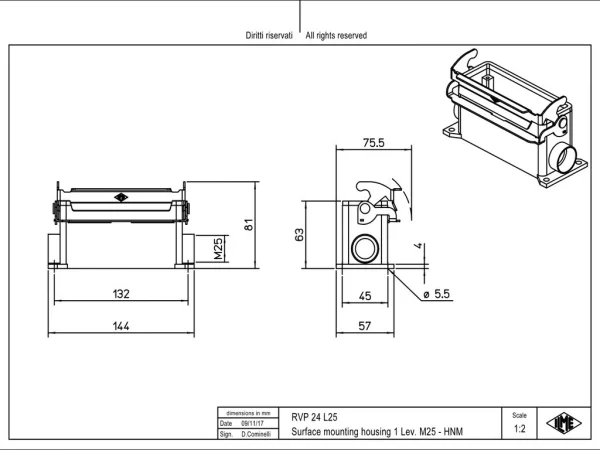 surface mounting housing, size 104.27, HNM alu, 1 lever, 1xM25 side