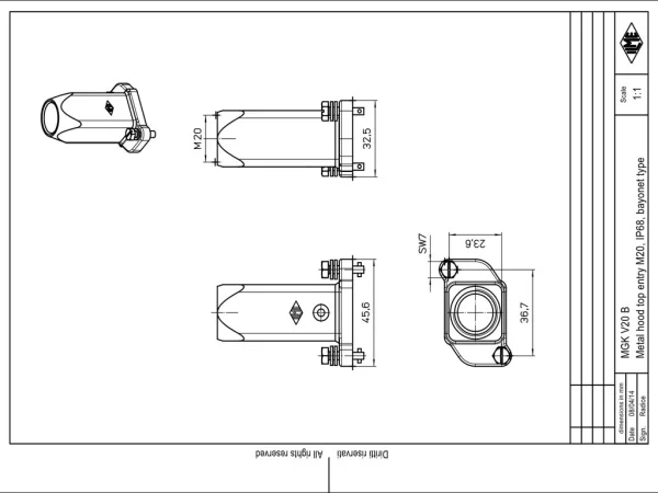 hood, size 21.21, IP68 alu, bayonet locking, 1xM20 top