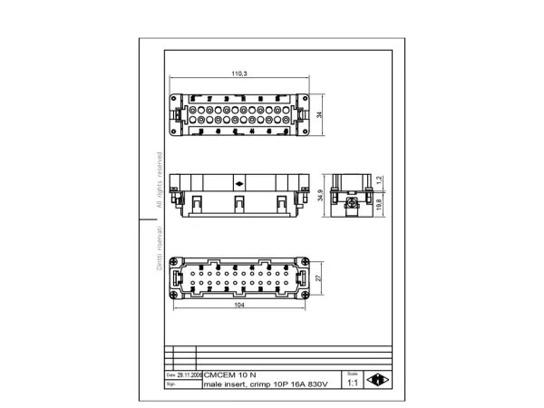 male insert, size 104.62, 10+2p+PE, crimp, 16A, 830V, no.11-20