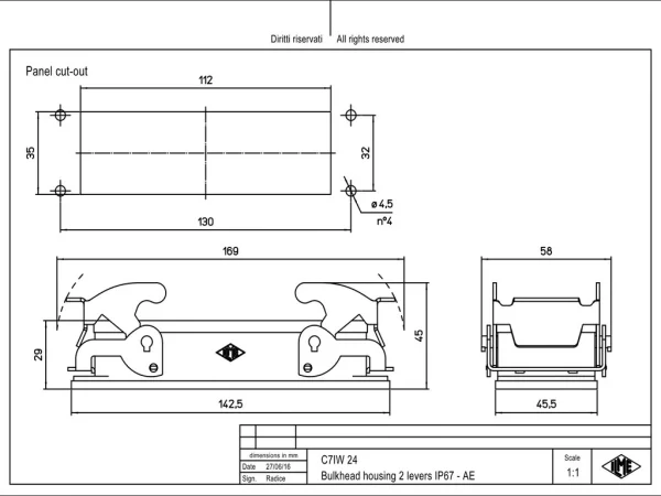 bulkhead mounting housing, size 104.27, W-TYPE alu, 2 levers