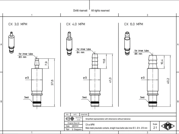 male contact, MIXO, metal, 4,0mm internal, plug, pneumatic