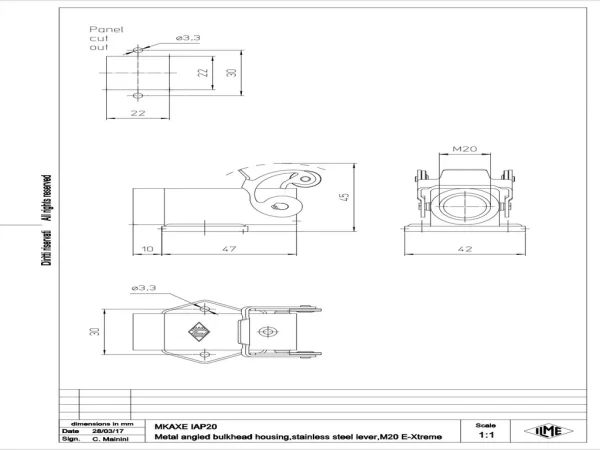 bulkhead mounting housing, angled, size 21.21, E-Xtreme alu, 1 lever stainless steel, 1xM20 side