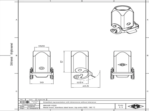 hood, size 21.21, 180°C alu, 1 lever stainless steel, 1xM20 top