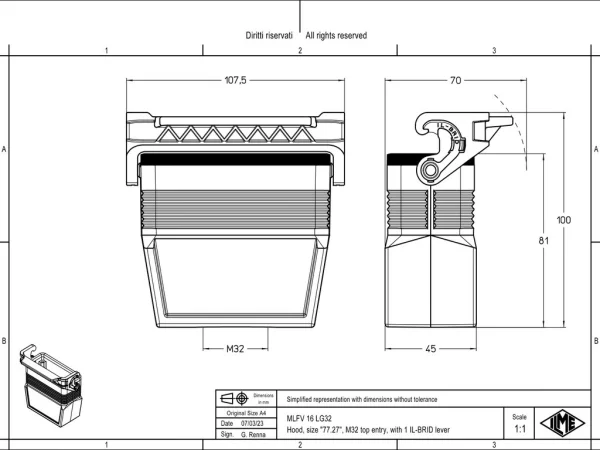 hood, size 77.27, IL-BRID stainless steel, 1 lever, 1xM32 top