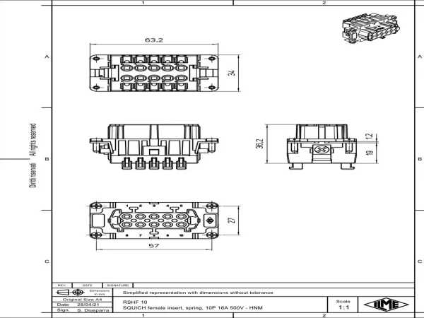 female insert, size 57.27, 10p+PE, SQUICH, 16A, 500V, HNM