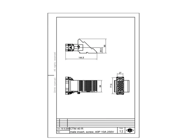 male insert, size 77.27, 40p+PE, silver, screw, 10A, 250V, right
