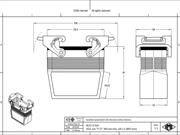 hood, size 77.27, IL-BRID stainless steel, 2 levers, 1xM40 side