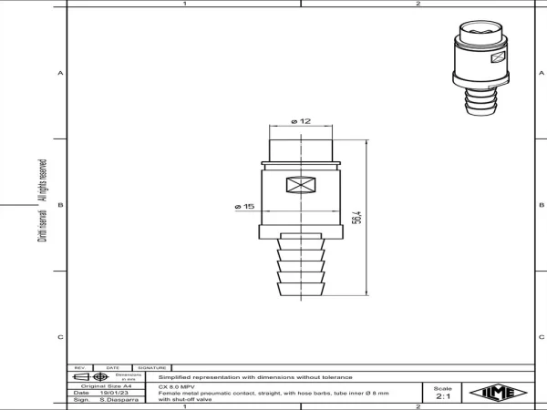 female contact, pneumatic, 8,0mm internal, straight, hose barbs, with shut-off valve