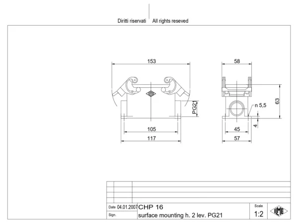 surface mounting housing, size 77.27, C-TYPE alu, 2 levers, 1xPG21 side