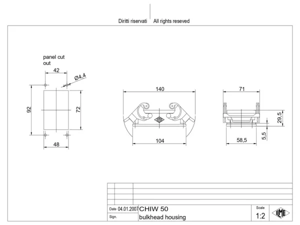bulkhead mounting housing, size 66.40, W-TYPE alu, 2 levers