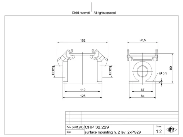surface mounting housing, size 77.62, C-TYPE alu, 2 levers, 2xPG29 side