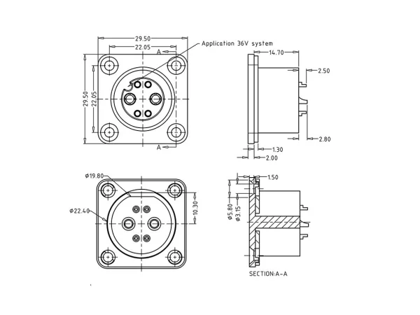 Battery female panel mount connector 36V code, no locking (push-on)