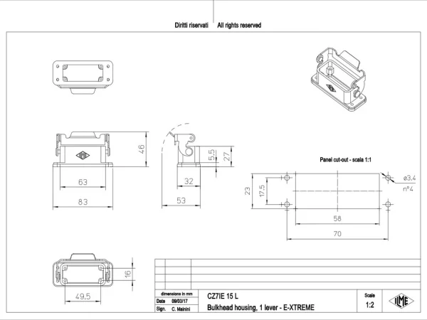 bulkhead mounting housing, size 49.16, E-Xtreme alu, 1 rigid lever