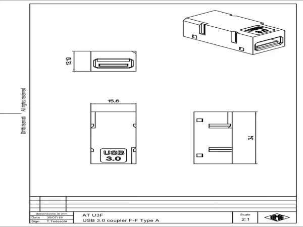 USB 3.0 coupler F-F, type A, for mounting into ATR C22