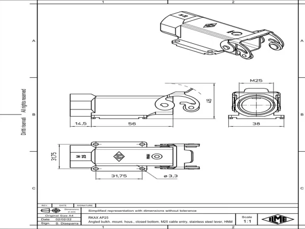 bulkhead mounting housing, angled, size 21.21, HNM alu, 1 lev. stainl. steel, 1xM25 side, closed bottom
