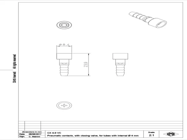 female contact, MIXO, 4,0mm internal, plug, pneumatic with closing valve