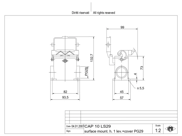 surface mounting housing, high, size 57.27, C-TYPE alu, 1 lever, 1xPG29 side, cov.