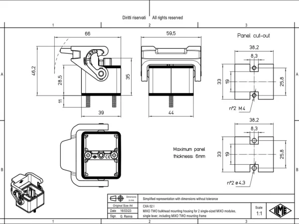bulkhead mounting housing, 2 modules, MIXO TWO zinc, 1 lever