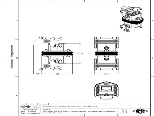 coupling connector, size 21.21, plastic, with RJ45 insert CX 8 JF