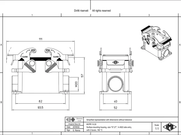 surface mounting housing, size 57.27, 180 °C alu, 2 levers, 1xM20 side