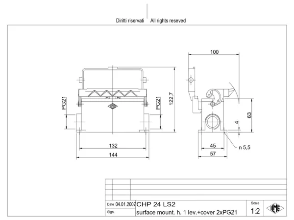 surface mounting housing, size 104.27, C-TYPE alu, 1 lever, 2xPG21 side, cov.