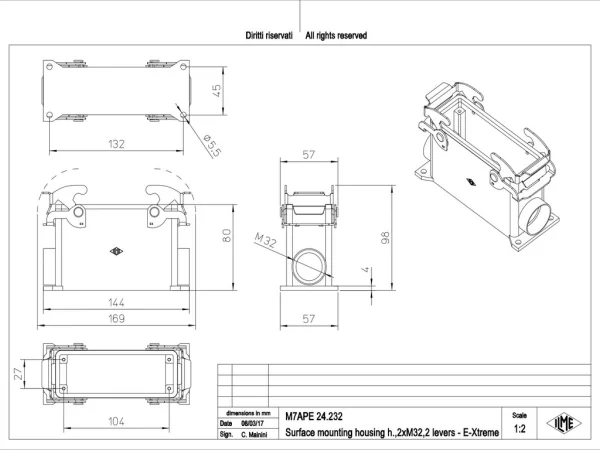 surface mounting housing, high, size 104.27, E-Xtreme alu, 2 levers, 2xM32 side