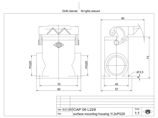 surface mounting housing, high, size 44.27, C-TYPE alu, 1 lever, 2xPG29 side